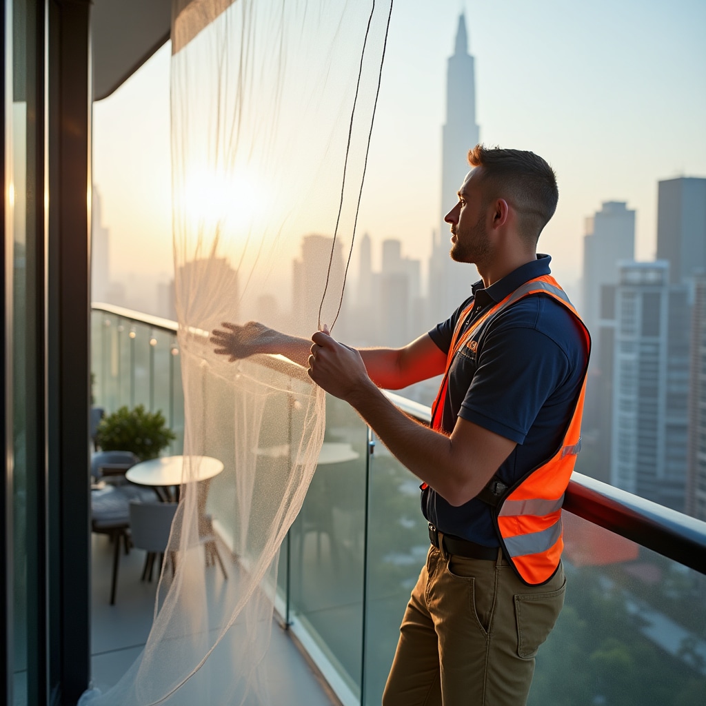 Professional safety net installation on modern apartment balcony with city view