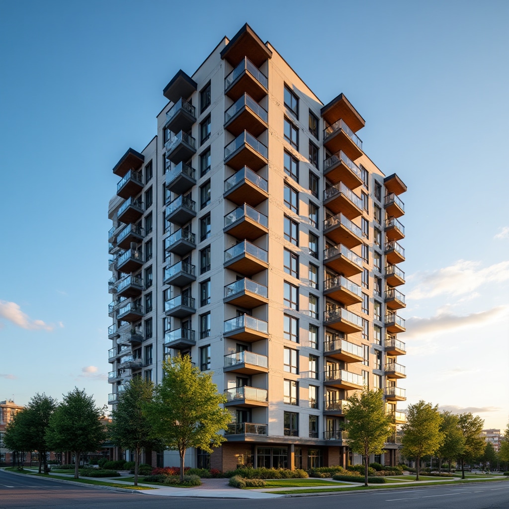 Exterior de edificio residencial moderno mostrando múltiples pisos con balcones y grandes ventanas en diseño arquitectónico contemporáneo