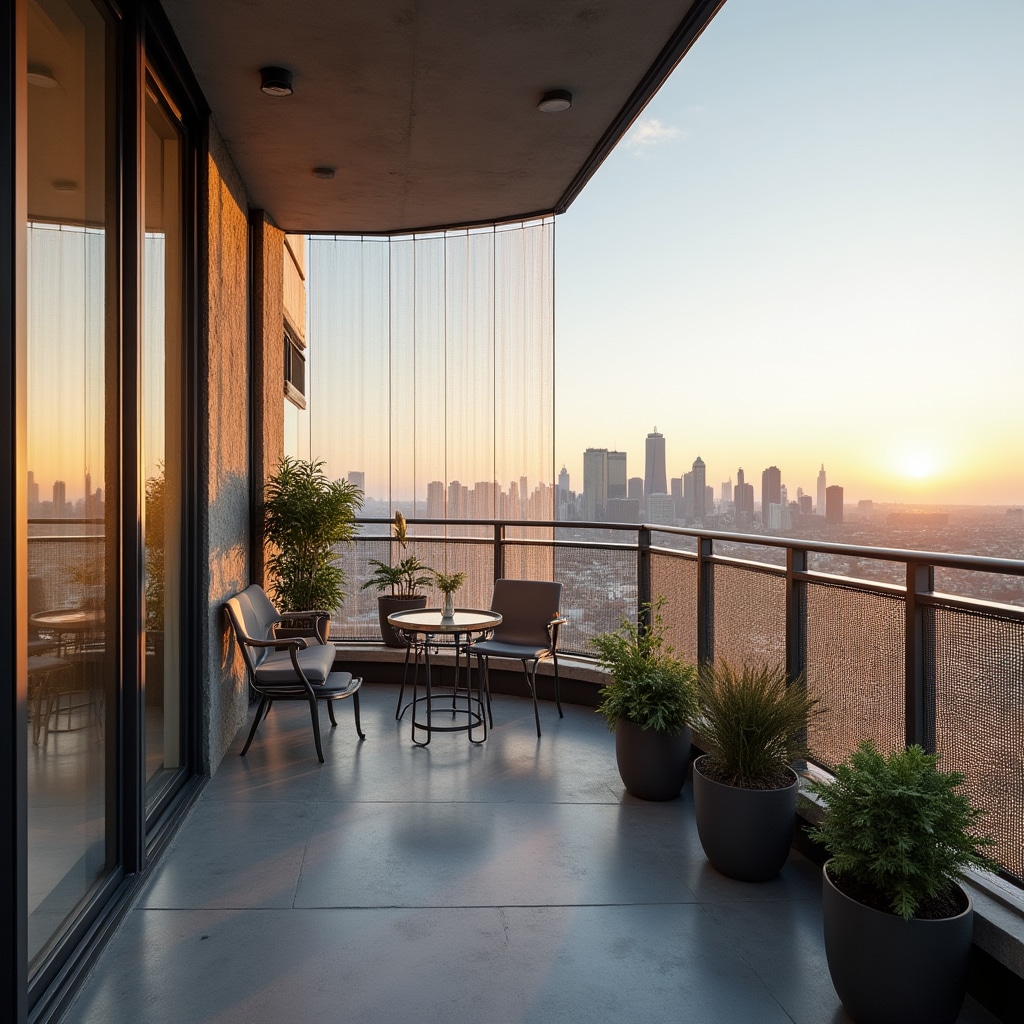 Vista de ángulo amplio de instalación de red de seguridad completada en balcón moderno mostrando integración perfecta con arquitectura y cobertura protectora clara