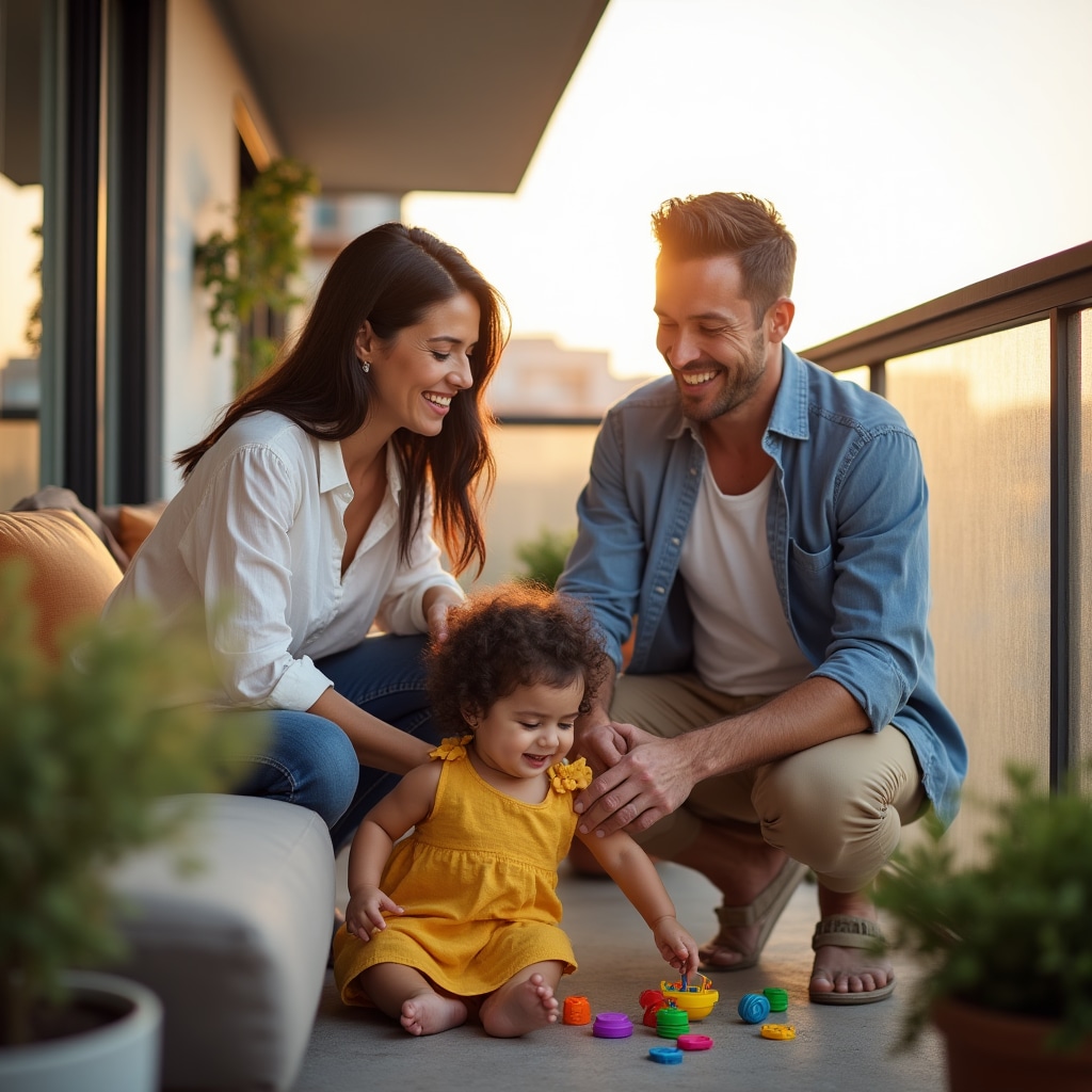 Familia joven con niño pequeño disfrutando su balcón de departamento de manera segura con red de seguridad instalada profesionalmente visible en el fondo