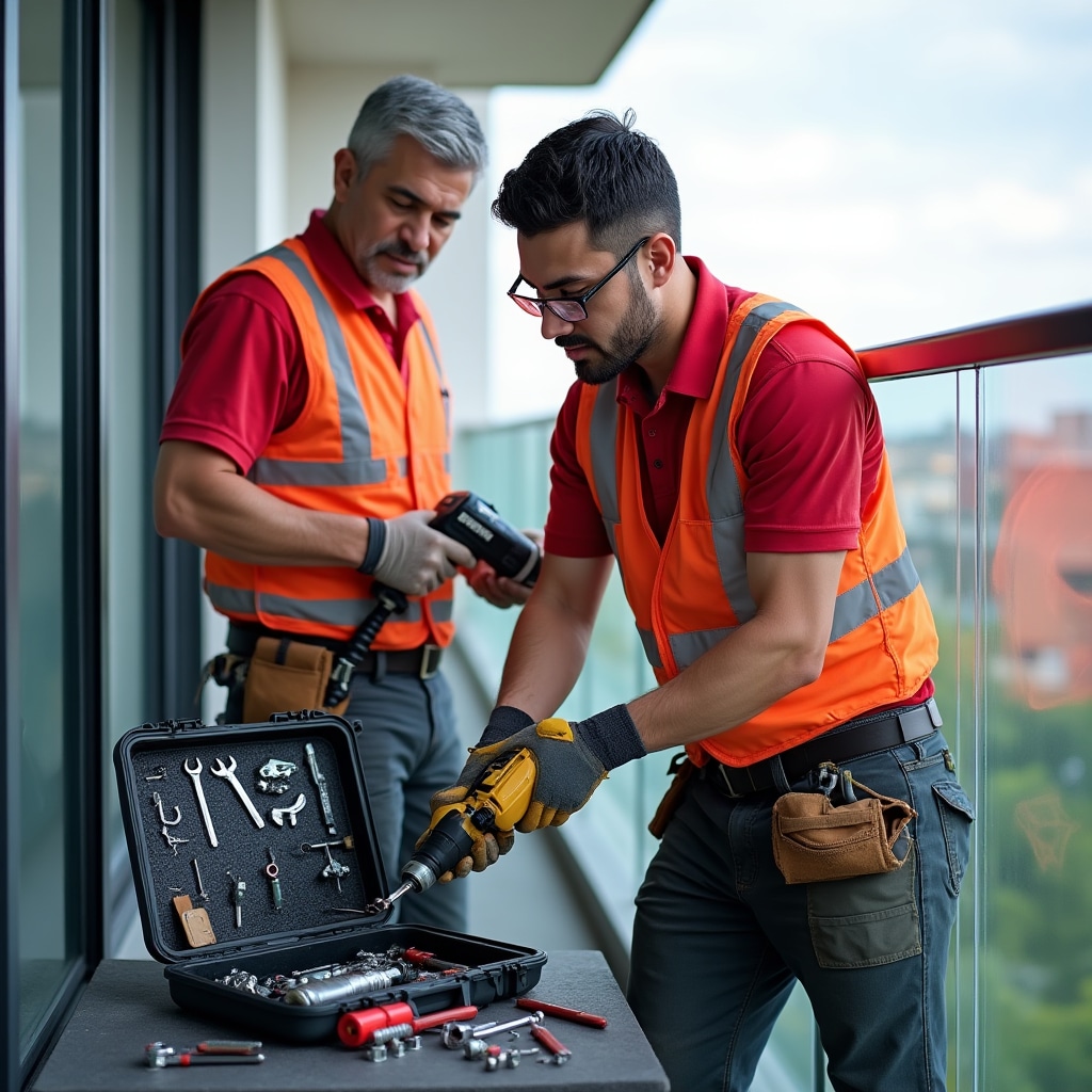 Dos instaladores profesionales con equipo de seguridad trabajando juntos para montar red de seguridad en balcón de departamento con herramientas y equipo visible