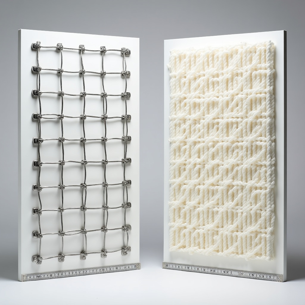 Comparación lado a lado de red de cable de acero inoxidable y red de seguridad de polietileno de alta densidad mostrando textura del material y calidad de construcción