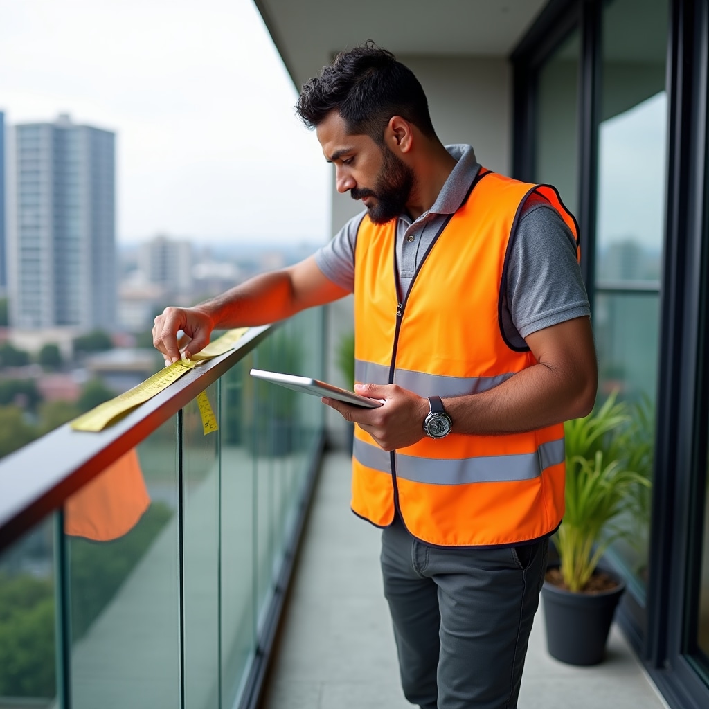 Técnico profesional con chaleco de seguridad usando cinta métrica para evaluar dimensiones de balcón para instalación personalizada de red de seguridad